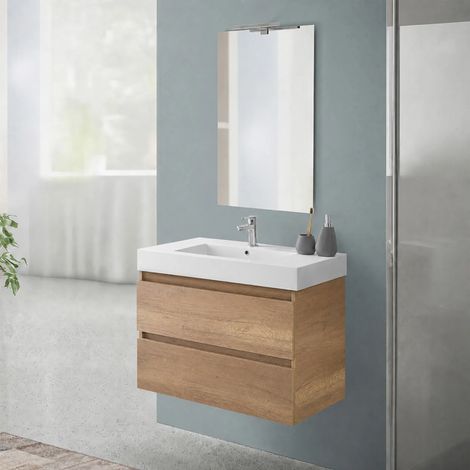 Mobile bagno sospeso 80 cm in rovere naturale con due cassetti e lavabo in resina Nadia (1/5)