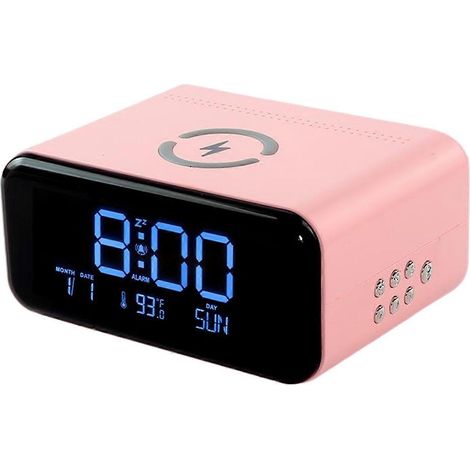 Une station de charge avec haut-parleur Bluetooth et fonctions de charge sans fil, se transformant facilement en réveil intelligent (rose) – un appareil quatre en un. (1/5)
