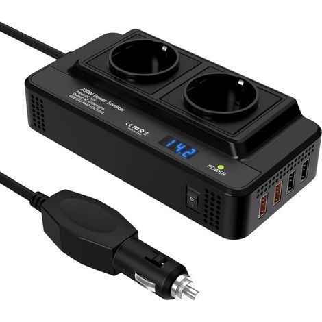 Convertisseur de tension pour voiture 200 W, onduleur 12 V CC vers 220 V CA avec 2 prises et 4 ports USB, chargeur de voiture à charge rapide avec prise allume-cigare pour les voyages d'affaires (1/4)
