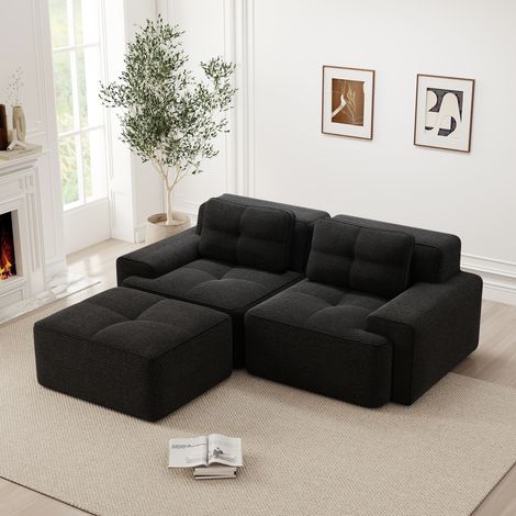 Canapé d'angle convertible en L, sans cadre, velours côtelé noir, assise profonde, 2 places avec pouf, canapé-lit capitonné moderne pour salon confortable (1/5)