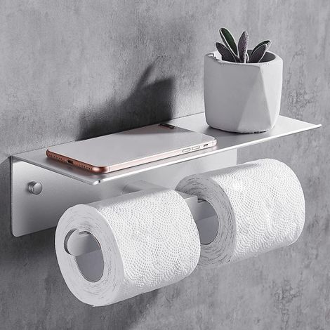 Porte-rouleau de papier toilette double avec étagères murales, support adhésif pour serviettes en aluminium, rangement pour téléphone portable (1/5)