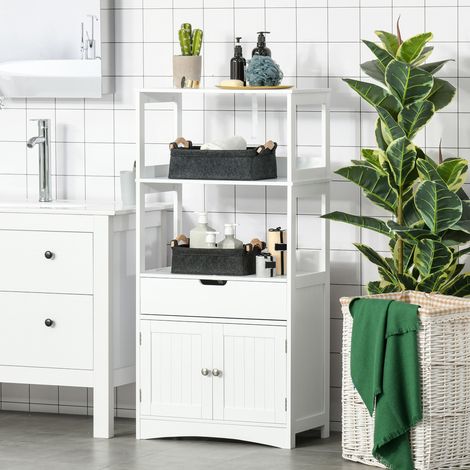 Mobiletto da bagno Kleankin - 2 ante, cassetto, 3 ripiani - Dimensioni: 60L x 33W x 122H cm - MDF bianco