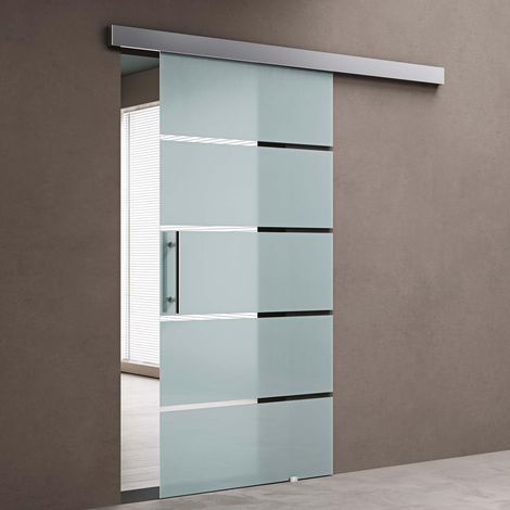 doporro Glasschiebetür Komplettset 102.5 x 215 cm 25mm Wandabstand Schiebetür mit ESG-Sicherheitsglas Zimmertür Glas mit 5-Milchglas-Streifen und Stangengriff Amalfi-plus 13H