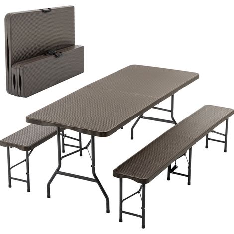 Set de pique-nique pliant 3 pièces avec table 180 cm et 2 bancs, plateau en HDPE effet bois, couleur brun, résistant UV et à l'eau (1/5)