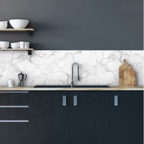 Crédence adhésive cuisine PVC 260x60cm marbre blanc Rouleau adhesif decoratif fabriqué en Italie, avec encre non toxique, ignifuge et résistant à l'eau (1/5)