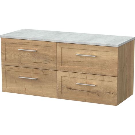 Stonnall Traditional Wall Hung 4 Drawer Vanity Unit with Laminate Worktop, 1200mm, Autumn Oak (1/4)