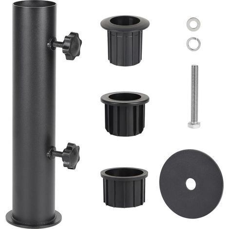 Parasol Base, Parasol Tube, Adjustable Metal Parasol Support with 3 PVC Reduction Rings (28/38/48mm), Black (1/5)