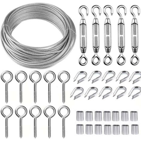 Kit de cable colgante de acero inoxidable de 30 m, cable de acero inoxidable revestido de 2 mm, con tensor M5 y ganchos de ojo, para plantas trepadoras y growlers. (1/4)