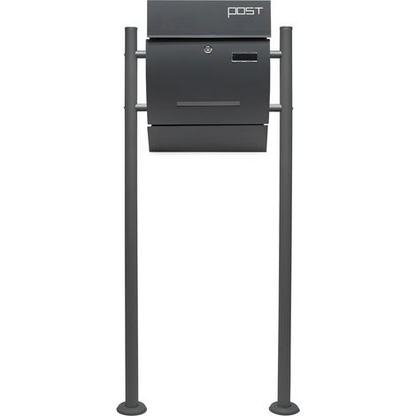 Wiltec Set Designer Briefkasten V4 Anthrazit 350 x 95 x 445 mm mit Ständer, Wandbriefkasten mit Schloss, Sichtschlitz, Namensschild und Zeitungsrolle, Postkasten aus pulverbeschichtetem Stahl