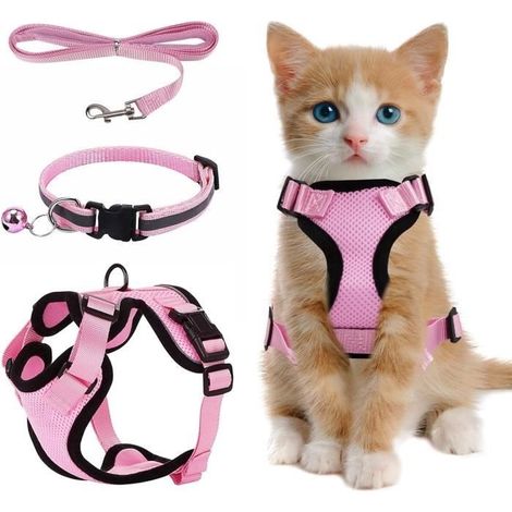 Polyester Harnet pour Chat,Harnais pour Chats Anti évasion,Harnais Chaton avec Bande Réfléchissante,Ajustable Harnais Chaton,Rose, S (1/4)