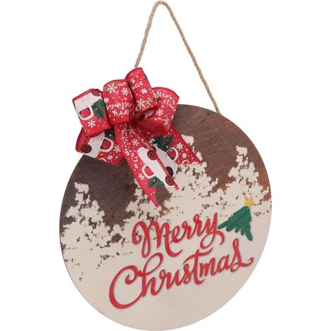 Weihnachtliches Willkommensschild mit runder Schleife aus Fichtenholz, Türhänger für die Weihnachtsfeier (1/5)
