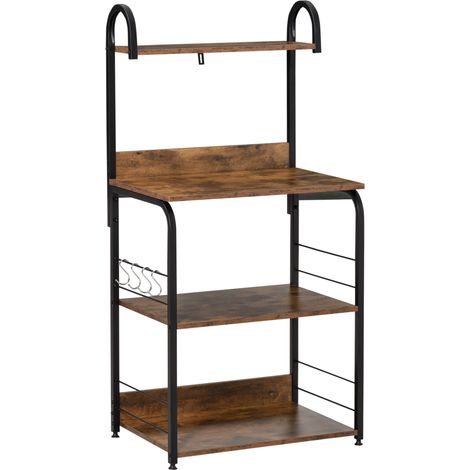 Mobiletto per Microonde, Scaffale da Cucina a 4 Ripiani e 4 Ganci, Mobile Cucina in Acciaio e Legno 60x40x125cm, Marrone Rustico