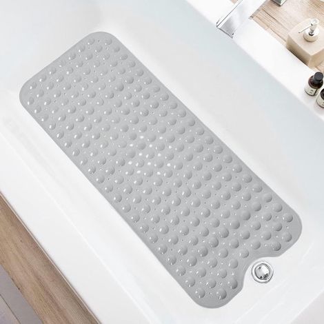Tappetino antiscivolo extra lungo per doccia con fori di drenaggio e ventose - Lavabile in lavatrice (grigio)