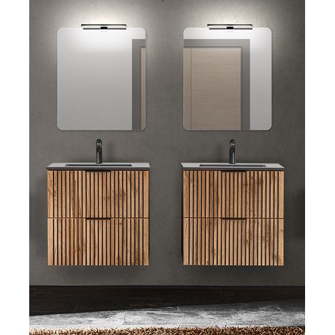 Waschplatz mit 2 Waschtischen je 61 cm, 2 Spiegel mit LED Aufbauleuchte XANTEN-56 in anthrazit mit Eiche Nb. schwarz gerillt, B/H/T: ca. 140/200/46 cm (1/5)