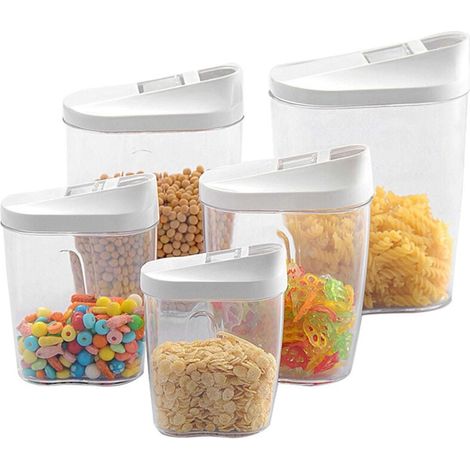 5 Boîtes de Rangement pour Le Stockage de Céréales avec Couvercles à Rabat, Bocaux Hermetiques Alimentaires en Plastique Scellée avec Couvercle, Pour Stocker les Cereales, Pâtes, Farine (1/4)