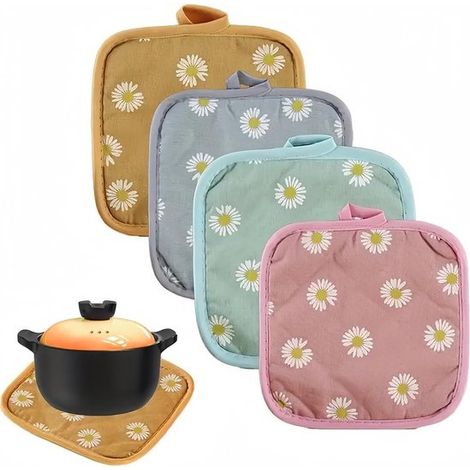 Allecto Plus – Hitzebeständige Topflappen, 4er-Set – Küchenzubehör für Backofen und Töpfe – 17 x 17 cm – Blumenmuster – Hitzeschutz (1/5)