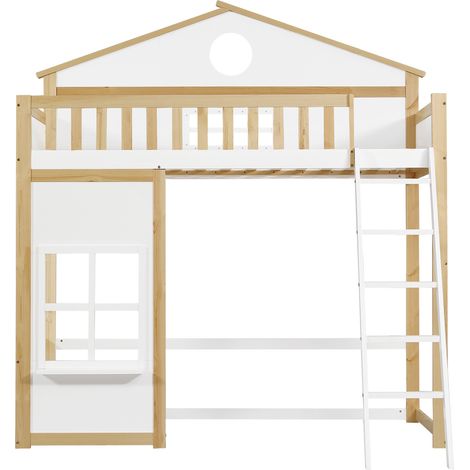 Kinderhochbett mit Treppe 90x200 cm Weiß Natur Kiefer MDF Dach und Fenster (1/5)