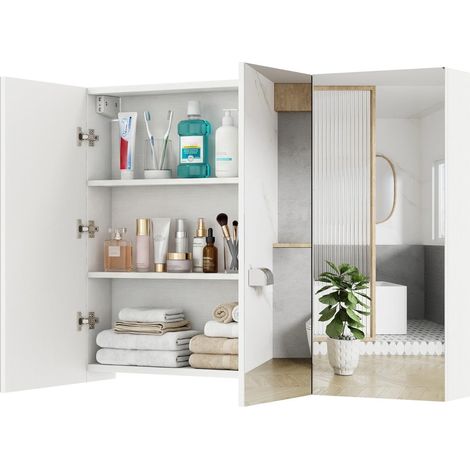 Wandmontierter Badezimmerspiegelschrank, 87 cm, 3 Türen, 6 Ablagen