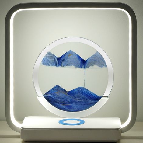 Veilleuse en sable mouvant avec station de recharge sans fil cadre rond liquide et paysages 3D mouvement Verre Bleu (1/4)