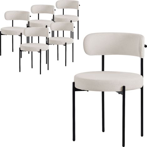 ML-Design Set di 6 Sedie per Sala da Pranzo Sedia da Cucina in Tessuto Teddy Bianco Poltroncina da Soggiorno con Schienale Poltrona Imbottite con Gambe in Metallo Nero Sedie Lounge Ergonomiche
