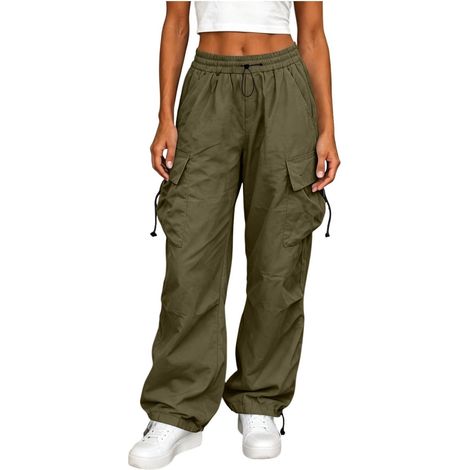 Pantalon cargo large pour femme taille élastique à cordon de serrage pantalon utilitaire multipoches décontracté fluide (1/5)