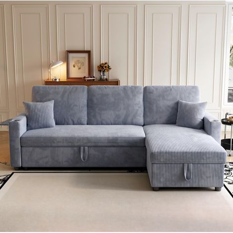 Canapé d'angle convertible avec rangement, velours côtelé gris, 207,5 x 142 x 84,5 cm DESVIAE (1/5)