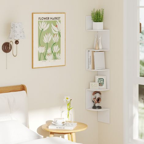 Étagère d'Angle à 5 Niveaux Étagère Murale Flottante Organisateur de Rangement Mural Support en Bois Design Moderne Blanc (1/3)