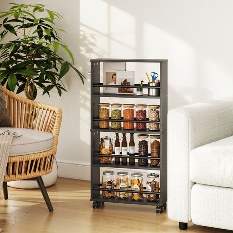 Carrito multifunción con ruedas, 4 estantes, 45 x 15 x 91 cm, negro, madera (1/5)