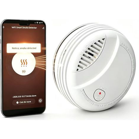 Détecteur de Fumée Intelligent avec Batterie au Remplaçable, Notification d'App, Fonction Silencieuse et Auto-Test, Alarme 85 dB, Alarme Incendie Compatible avec APP (1/5)