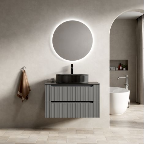 Hängender Badschrank 80 cm schwarz mit ovalem Waschbecken, Steinplatte und 2 Schubladen (1/5)
