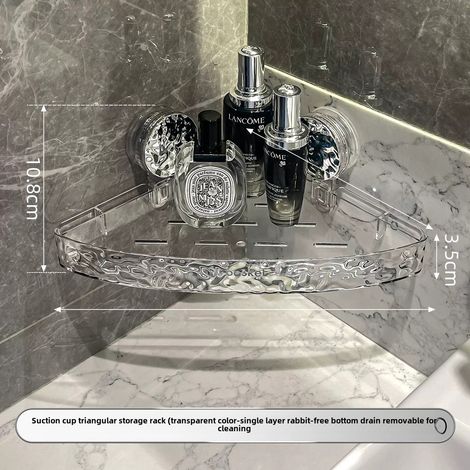 Étagère d'angle triangulaire transparente argentée à ventouses, sans perçage, fixation murale, meuble-lavabo pour salle de bain ou toilettes (1/5)