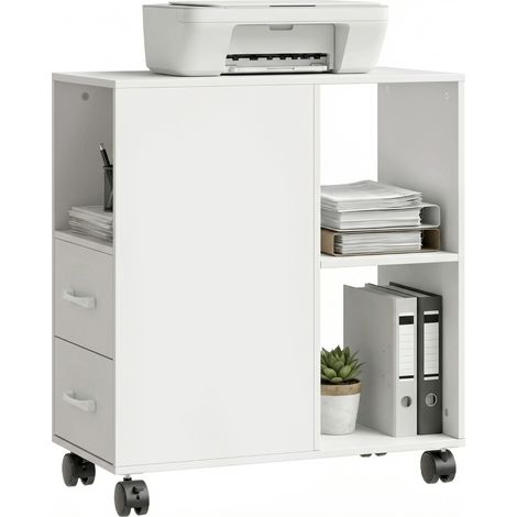 Table basse minimaliste à roulettes, 2 tiroirs, compartiment ouvert et étagère réglable, en bois, 60 x 30 x 65 cm, blanche (1/5)