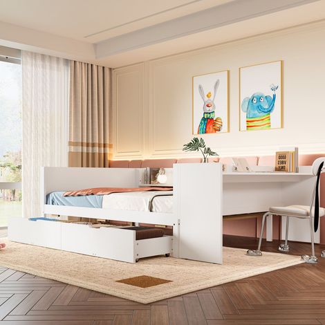 Lit 140x200 cm bois blanc avec bureau, étagères et tiroirs, sans matelas (1/5)