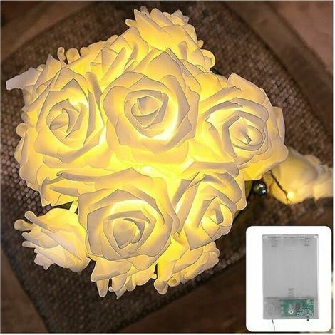Weiße Rosen-LED-Lichterkette – 3 m, batteriebetrieben, 20 Blumen, warmweiße Rosen-Lichterkette, Dekoration für Schlafzimmer, Schminktisch, batteriebetriebene Rosen-Lichterkette