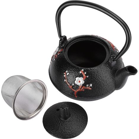 Théière japonaise en fonte non revêtue, ornée d'un motif de pie et de fleurs de prunier, idéale pour offrir ou décorer, 0,3 litre. (1/5)