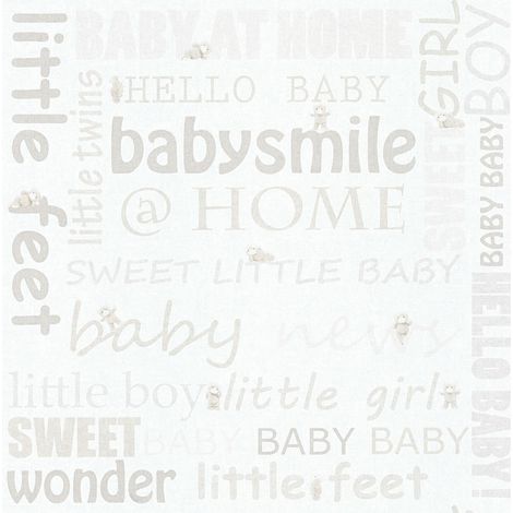Papier peint chambre enfant | Papier peint blanc & beige chambre bébé | Tapisserie chambre bébé avec écriture & ours en peluche - 10,05 x 0,53 m (1/5)