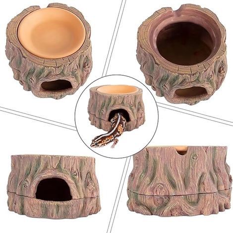 Cachette pour Reptile: Abri en Résine pour Reptiles, avec Base Amovible Et Bol D'humidité, Cachette pour Reptiles pour Petits Reptile Gecko à Crête, Serpent, Lézard, Crabes