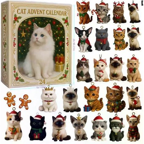 Calendrier de l'Avent pour amoureux des chats, boîte surprise, pendentif acrylique, décoration de sapin de Noël unique, cadeau (1/5)