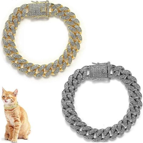 Collier pour chat à maillons cubains en diamant (lot de 2) avec boucle sécurisée, bijoux pour chaton avec chaîne en métal et strass. (1/5)