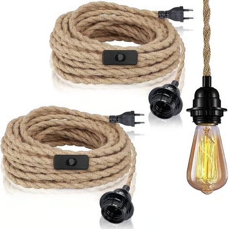 Lot de 2 Lampes suspendues avec interrupteur, Cordon de chanvre de 4,5 m, Douille E27 pour hall, cuisine, table à manger, bar (sans ampoule) (1/4)