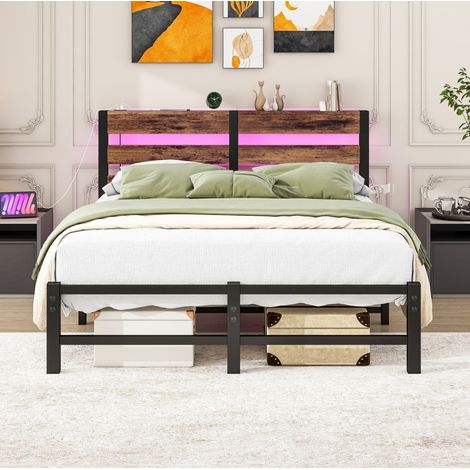 Cama para adulto 120x200 cm de metal y madera negro, LED USB, ahorro de espacio FloraGrace (1/5)