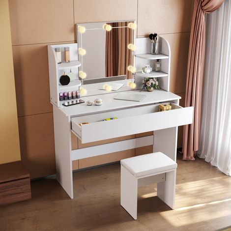 SONNI Schminktisch Weiß mit Led Spiegelleuchte mit Spiegel und Hocker 3 Beleuchtungsmodi und 10 Helligkeiten, Intelligente Speicherfunktion,108x40x140cm (1/5)
