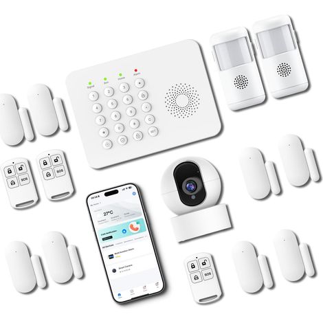 Système d'alarme Domestique sans Fil avec caméra PTZ HD, 8 capteurs de Porte, 2 détecteurs de Mouvement, télécommande, Compatible avec, sans Frais mensuels (1/5)