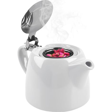 Théière avec infuseur à thé en acier inoxydable amovible - 500 ml - Infuseur à mailles fines en acier inoxydable - Blanc (1/5)