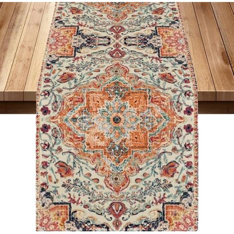 Chemin de table bohème en lin, rouge et orange 1 pièce, rouge/orange, 183×33cm Décor de table géométrique marocain bohème (1/5)