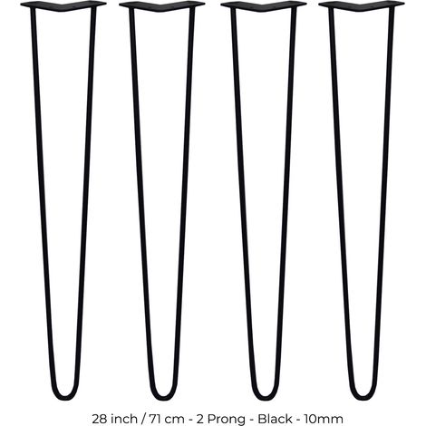 SKISKI LEGS - 4 Patas de Horquilla Metálicas para Mesa Muebles Metal Hairpin Legs 71cm Acero Negro 2 Puntales de Espesor 10mm con Pies Protectores + Paquete de 16 Tornillos de 20mm GRATIS