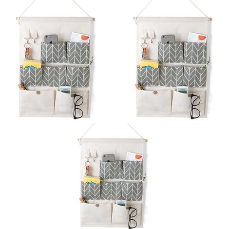 Organisateur suspendu lot 3 gris 7 compartiments coton lin, rangement porte mur entrée chambre dressing, tringle bois crochet métal poche étanche (1/5)