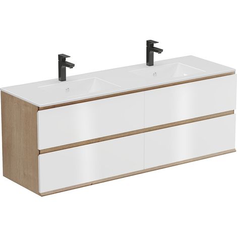 Mobile per bagno sospeso con lavabo da incasso 150 cm Naturale chiaro e Bianco - SABURI