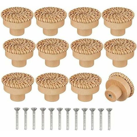 Boutons de commode en rotin - Lot de 12 - Style bohème - Faits à la main - 40x30 mm - Inclus vis - Installation facile (1/4)