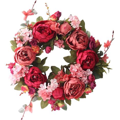 Guirlande Florale - Pivoine Artificielle en Tissu Soyeux sur Cercle en Rotin - Décoration Porte Extérieure Intérieure Bureau - 35 cm - 1 Pièce (1/5)